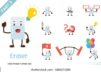 Cartoon eraser poses set. Vector illustration. Isolated on white background.