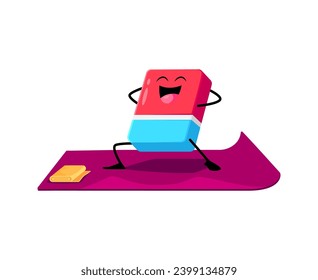 Cartoon eraser school supply character on yoga fitness sport. Isolated vector flexible, zen personage, showcasing yogi poses, balance, and relaxation, inspiring a healthy lifestyle and mindfulness