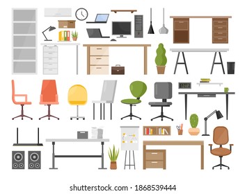 Cartoon ergonomic furnishing objects for modern interior design collection with chair and manager table with laptop, hanging lamp, bookcase isolated on white. Office furniture vector illustration set