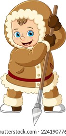 Cartoon eskimo boy holding a spear of illustration