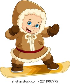 Cartoon eskimo boy playing snowboard of illustration