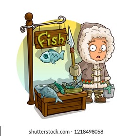 Cartoon eskimo boy with spear character and fresh fish vendor booth or shop market with text sign. Vector icon for game.