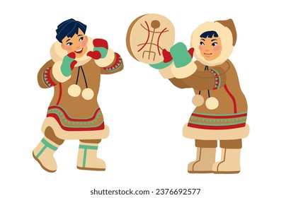 Cartoon Eskimo boy in warm fur clothes singing and dancing with tambourine. Northern people. Vector flat style illustration isolated on white background.