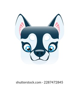 Caricatura Cara de animal cuadrado del perro esquimal kawaii, lindo retrato de cachorro. Canina vectorial aislada, personaje doméstico de mascota con ojos azules. Botón de aplicación, icono, elemento de diseño gráfico