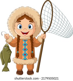 Cartoon eskimo girl catching a fish with net