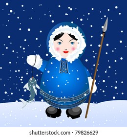 Cartoon eskimo girl with spear and caught fish over a snowing winter background