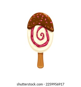 Cartoon eskimo ice cream, isolated vector popsicle bar, sweet creamy dessert. Icecream on stick with chocolate glaze, jam vortex and nuts sprinkles. Summer frozen food isolated on white background