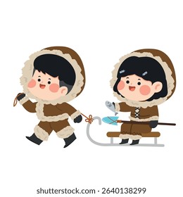 Cartoon Eskimo Kids with Sledge Illustration Kid