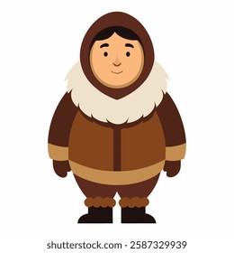 a cartoon eskimo man in traditional in clothes . Suitable for children's books, sticker,t shirt design, mascot, logo. Isolated on white background. Front view. Vector illustration. 