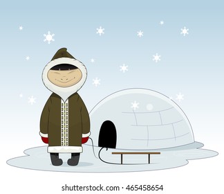 Cartoon eskimo with sleigh and yurt behind. Eskimo clothes human and alaska eskimo native northern people. Funny nationality traditional chukchi character. Layered vector