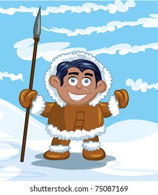 Cartoon eskimo with a spear and a fish. Blue sky and snow behind