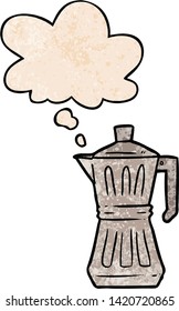 cartoon espresso maker with thought bubble in grunge texture style