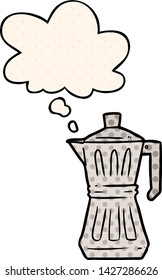 cartoon espresso maker with thought bubble in comic book style