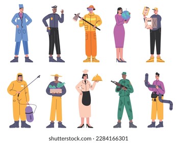 Cartoon essential workers characters. Men or women in overalls. People in uniform. Postman and police officer. Professionals work. Chef cook and farmer. Vector different