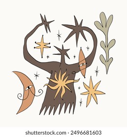 Cartoon ethnisch abstrakte rote Göttin, Boho Mythologie Charakter Maskottchen groovy whimsical flachen Kunst. Doodle stellar himmlisch niedlichen Astronomie und Astrologie Details. Handgezeichnete Sonnenwende Midsommar Litha