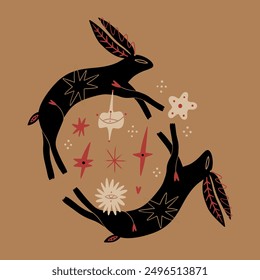 Cartoon ethnic mascot boho black rabbits couple funny groovy whimsical flat art. Symbol of prosperity and fertility. Doodle stellar celestial cute astronomy and astrology details. Hand-drawn bohemian