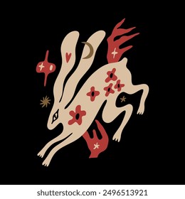 Cartoon ethnic mascot boho rabbit or hare funny groovy whimsical flat art. Symbol of prosperity and fertility. Doodle stellar celestial cute astronomy and astrology details. Hand-drawn bohemian
