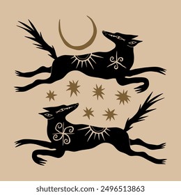 Cartoon ethnic mascot boho wolves couple funny groovy whimsical flat art. Doodle stellar celestial cute astronomy and astrology details. Hand-drawn bohemian composition. Mystical Moon wild dogs