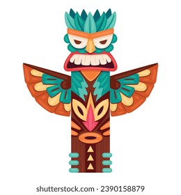 Cartoon ethnic tiki totem. Ritual hawaiian or african wooden statue, aboriginal culture indigenous pole totem. Traditional carving sculpture flat vector illustration