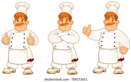 Cartoon European chef. Gestures and emotions. A set of stickers.