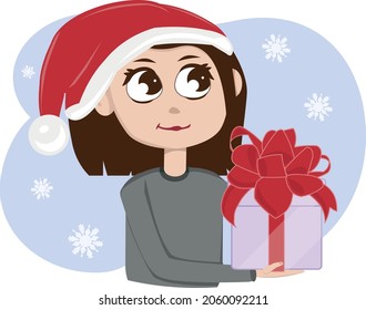Cartoon european girl holding a gift in her hands