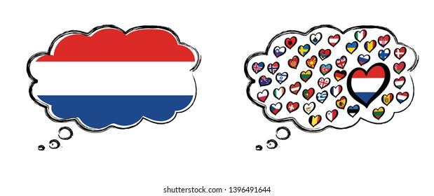 Cartoon in eurovision style. Europe contest song festival with heart flags logo. international music party. Vector patern. 2021 Rotterdam, Open up again. Netherlands, Holland or Dutch
