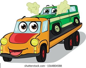 Cartoon evacuator with cute face and eyes carries a broken car with smoke from the hood to the service. Vector illustration. Isolated on white background.