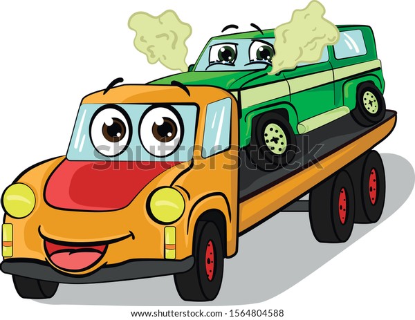 Cartoon evacuator with cute face and\
eyes carries a broken car with smoke from the hood to the service.\
Vector illustration. Isolated on white\
background.