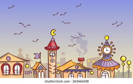Cartoon evening city, vector illustration on a fantasy theme