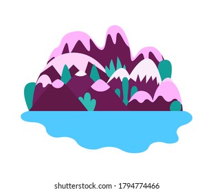 Cartoon evening landscape vector landscape with mountains, hills, sky and moon.Rest in a mountains the lake and the river concept.