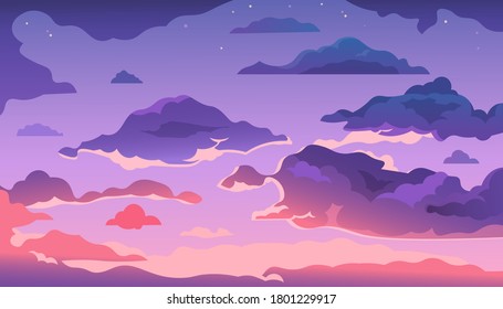 Cartoon evening sky. Sunset or morning landscape with clouds and gradient sky, colorful heaven skies background. Vector illustration cloudy summer dark evening air with shine stars