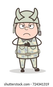 Cartoon Evil Army Man Angry Face Expression Vector Illustration
