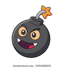 A cartoon evil bomb with glowing red eyes, a sinister grin, and a lit fuse, ready to explode. Its dark metallic body radiates mischief and danger, oozing villainous energy.