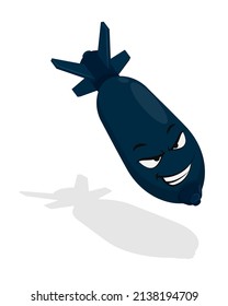 Caricatura Bomba malvada, proyectil de mortero, arma ofensiva durante el combate. Vector aislado en fondo blanco