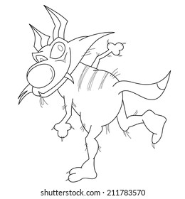 Cartoon evil cat with spiteful smile runs away, sketch illustration.