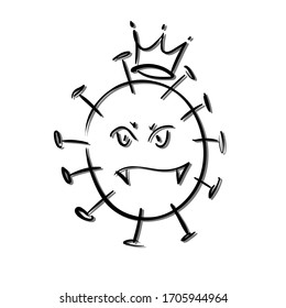 cartoon evil coronavirus bacterium 2019-ncov covid-19 with crown. Microbe with eyes, mouth with fangs and crown.