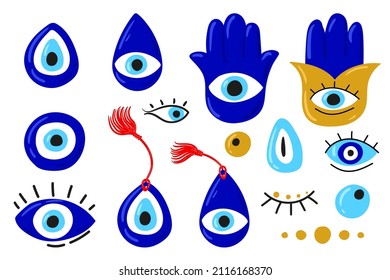 Caricatura Ojos malvados. Ojo malvado azul, Hamsa, Mano de Fátima, Ojo de Providencia. Ilustraciones vectoriales de amuletos en azul. Aislado sobre blanco