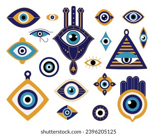 Cartoon evil eyes various mascots. Blue protection amulets, hand of fatima and spiritual triangle. Eye of providence, magic decent vector clipart