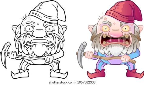 cartoon evil gnome, coloring book, funny illustration