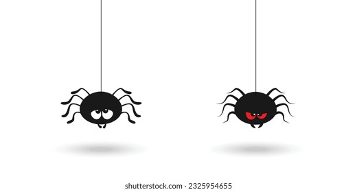 Cartoon evil and good spiders on a cobweb.