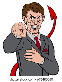 Cartoon evil looking business man in a suit and tie pointing his finger in a wants you gesture with devil tail giving away his nature