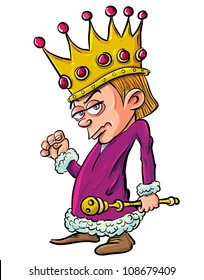 Cartoon of evil looking child king holding a scepter.Isolated