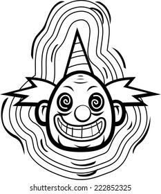 A cartoon evil looking clown smiling.