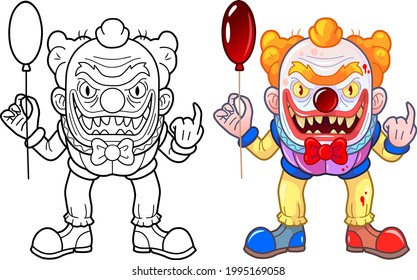 cartoon evil monster clown, coloring page, funny illustration