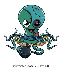 Cartoon evil octopus cyborg character smoking a pipe with a bomb in his tentacle. Illustration for fantasy, science fiction and adventure comics