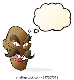caricatura del viejo malvado cara con burbuja de pensamiento