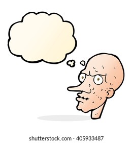 caricatura del viejo malvado con burbuja de pensamiento