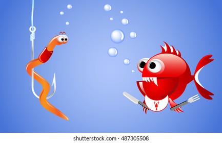 Cartoon evil red fish looking at a worm on a fishing hook underwater with bubbles and wants to eat it.  Illustrations for printed materials and backgrounds.