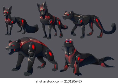 Cartoon böse Roboter Tiere Robotik-Monster. Cyborgs Gewürze oder Puma, Fuchs, Wolf, Braunbär und Robbe mit roten, glatten Augen und schwarzen mechanischen Körper. Zoommaschinen mit künstlicher Intelligenz, Vektor-Set