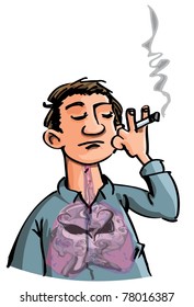 Cartoon of evil smoke filling a smokes lungs. Isolated on white